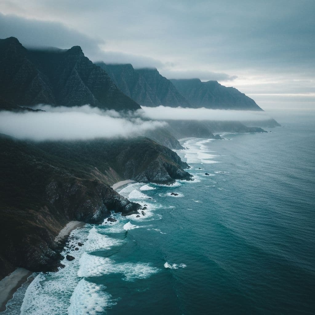 Where waves meet mountains - a serene landscape of ocean meeting peaks